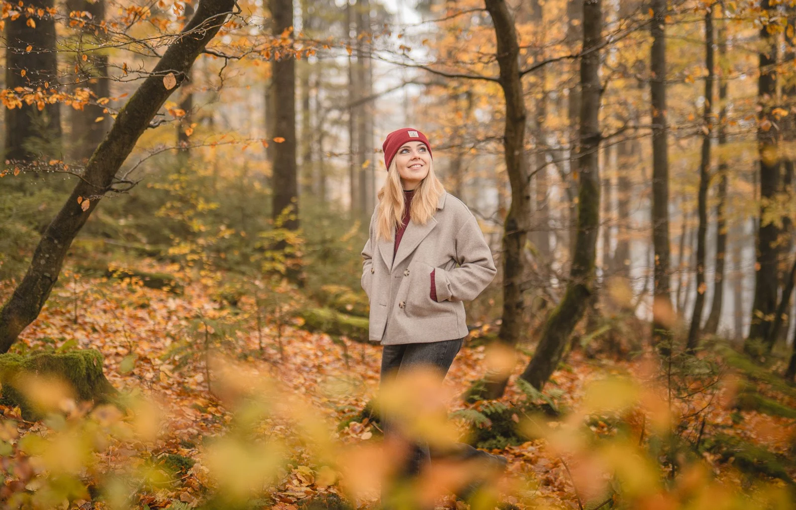 Wanderin im goldenen Herbstwald in Willingen